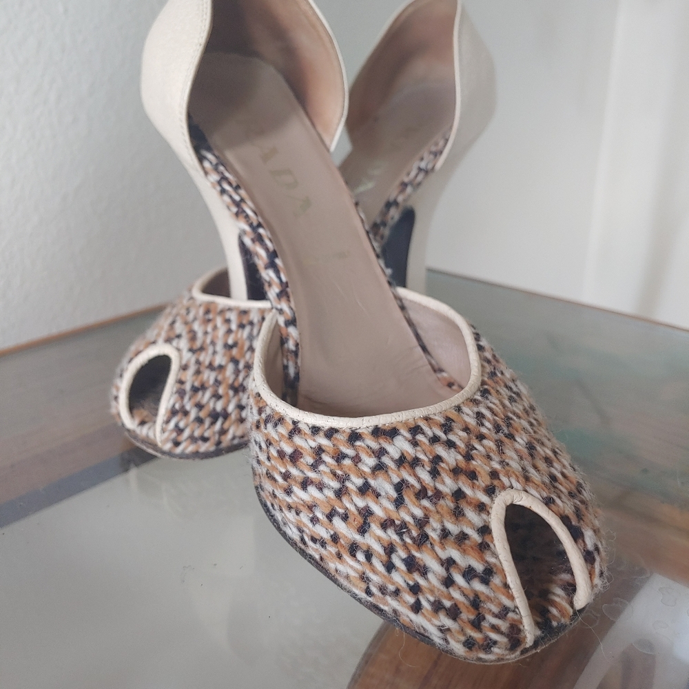 Prada Peep Toe leather and Knit Heels